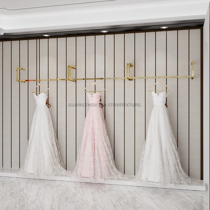 custom.Well Designed Pretty Garment Racks New Garment Display Stand Design Shiny Gold Wedding Dress Store Display Rack