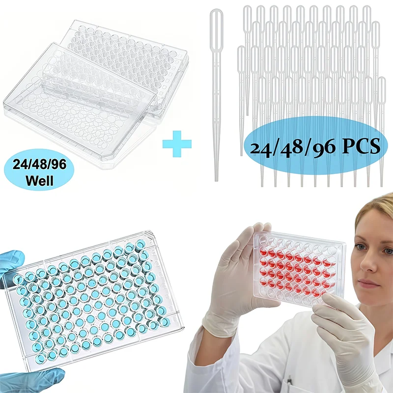 Placas de Cultivo de Plástico de 24/48/96 Pocillos con 24/48/96 Goteros de Plástico de 3 ml, Aptas para Muestreo de Laboratorio, Microplacas con Fondo en U, Placas de Reacción para Microplacas, Placas de Cultivo Celular y Bacteriano, Transparentes y Resis
