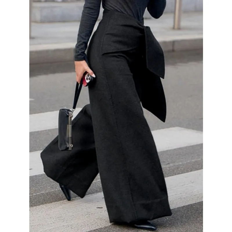 Tinaa Asymmetric Women's Pants 2025 Autumn Winter New Business Tweed Wide-leg Stretch Back Waist Pockets Trousers 178666