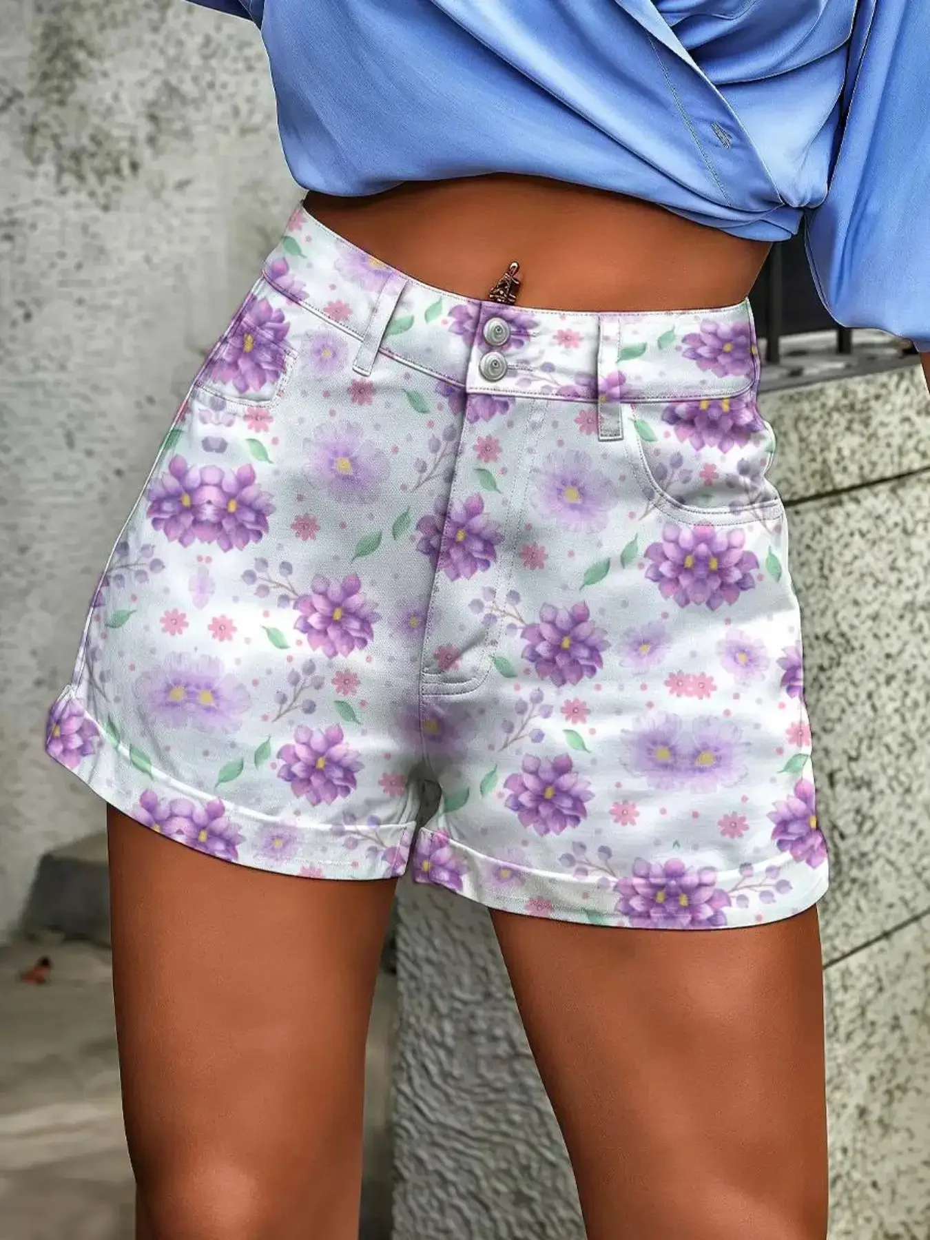 A women's retro wind chime grass inspired denim short women's retro tropical floral graffiti tropical print imitation denim 