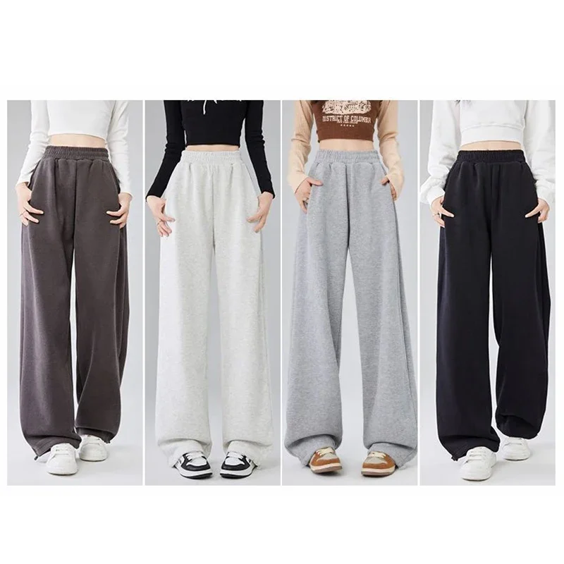 Pantalones clásicos grises de cintura alta para mujer, cómodos pantalones de chándal de pierna recta, pantalones lisos con cordón a la moda para mujer