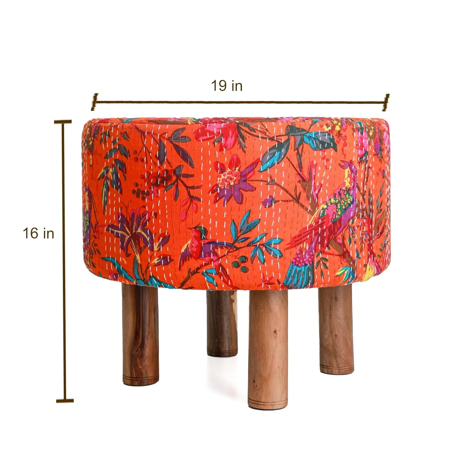 Vintage Kantha & Wood Footstool Ottoman Pouffe Handmade Embroidered Fabric Ethnic Bench 19x16 Inch, Customized