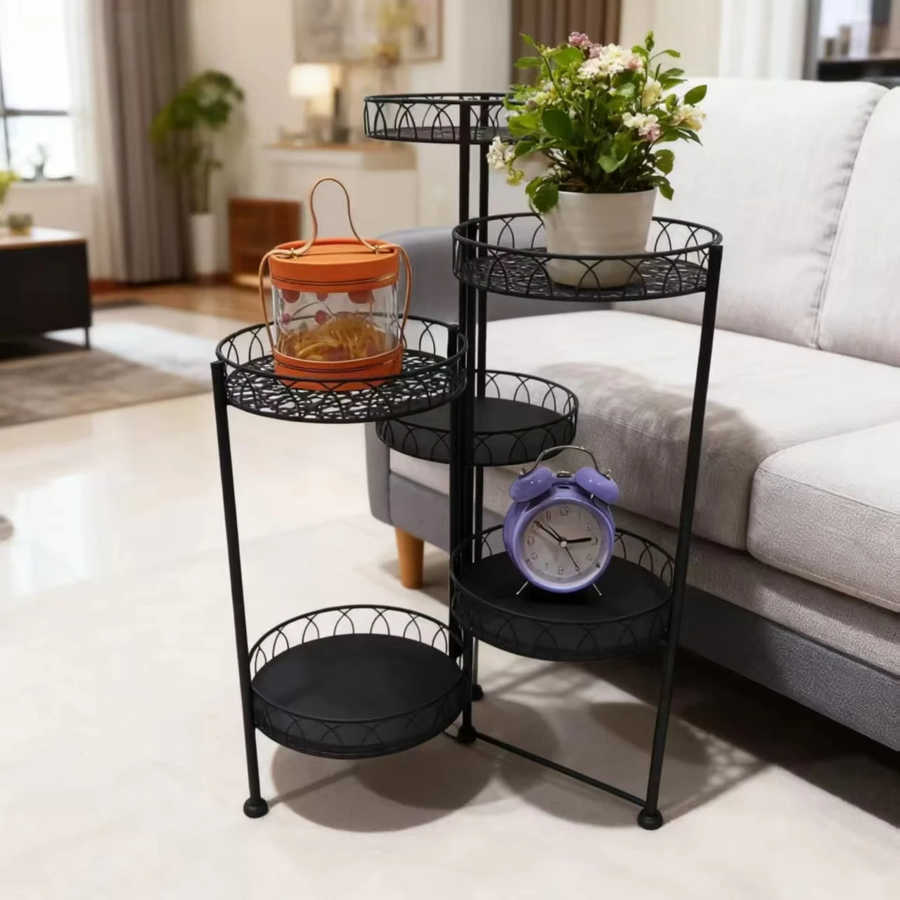 

Decorated floor with iron rustic multi-layer flower stands for outdoor balconies and gardens