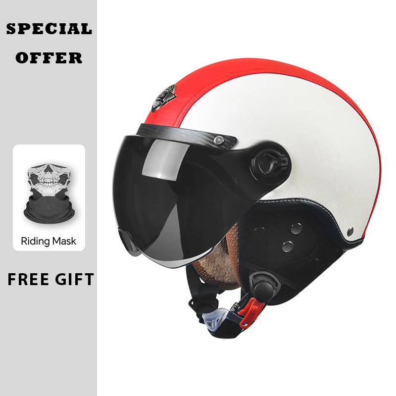 

AD Retro Motorcycle Half Helmet Man Women Vintage HD Lenses Leather Moto Helmets Motorbike Safety Cap Unisex Four Seasons DOT