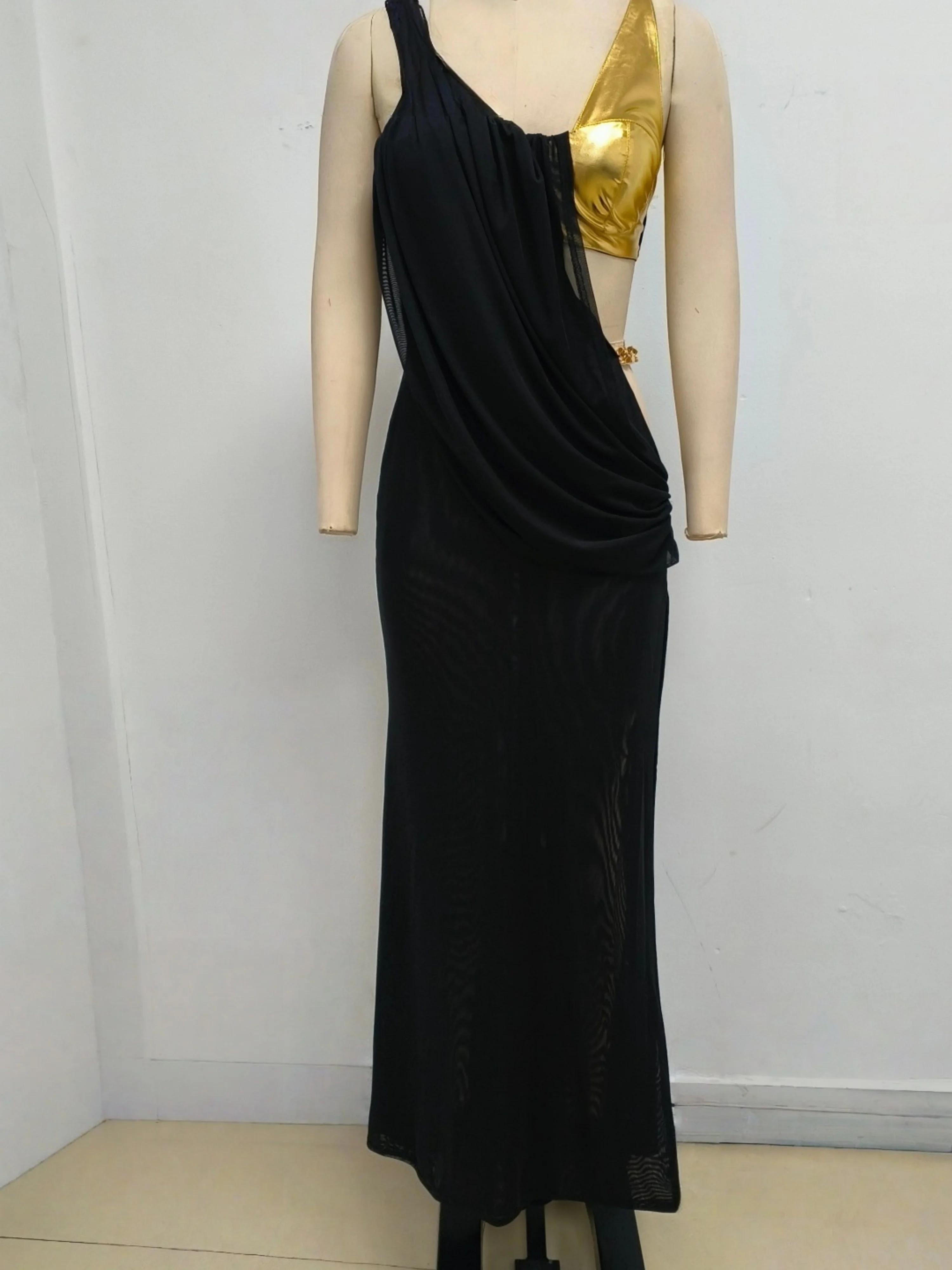 

Women Black Gold Color Block One Shoulder Cut Out Chain Trim High Slit Maxi Long Dress Luxury Party Gowns Wedding Guest Dresses