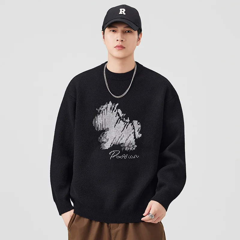 Men's Red Crew Neck Oversized Knit Sweater Cartoon Pattern Decor Casual Loose Long Sleeve Daily Wear Fashion Pullover Top