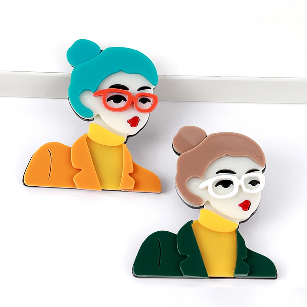 

New Acrylic Modern Lady Figure Brooches for Women Cartoon Wear Glasses Girl Brooch Pin Office Badges Jewelry Costume Accessories