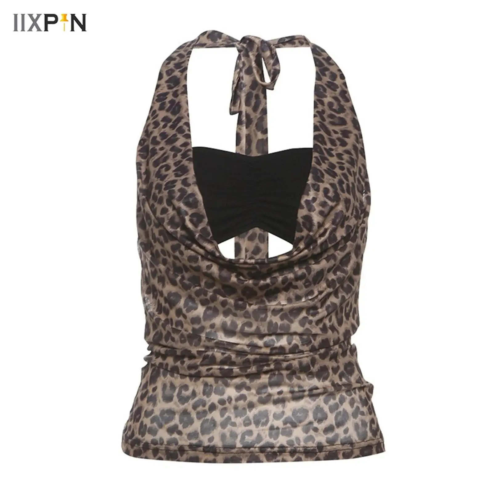 

Womens Leopard Print Halter Crop Tops with Bandeau Cowl Neck Backless Vest Crop Tank Top Fashion Clubwear Street Dance Beachwear