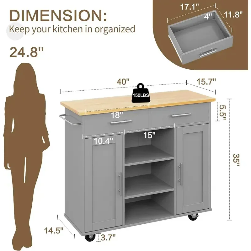 Kitchen Island with Storage Cart Table Rolling Butcher Block on Wheels Portable Large Mobile Counter Drop Leaf Moveable