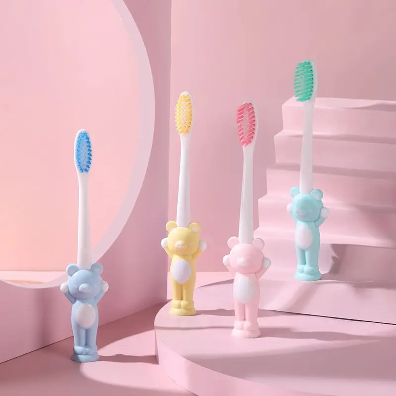 4pcs cartoon teddy bear children\'s toothbrush with ultra-fine soft hair for boys and girls aged 5-12