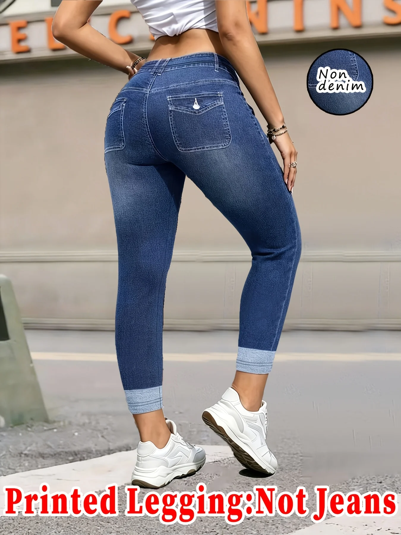 Damen High-Waist Faux-Denim Lange Leggings mit Doppelknopftasche, Schlanke Yoga-Hose, Keine Echte Jeans – Detail 4