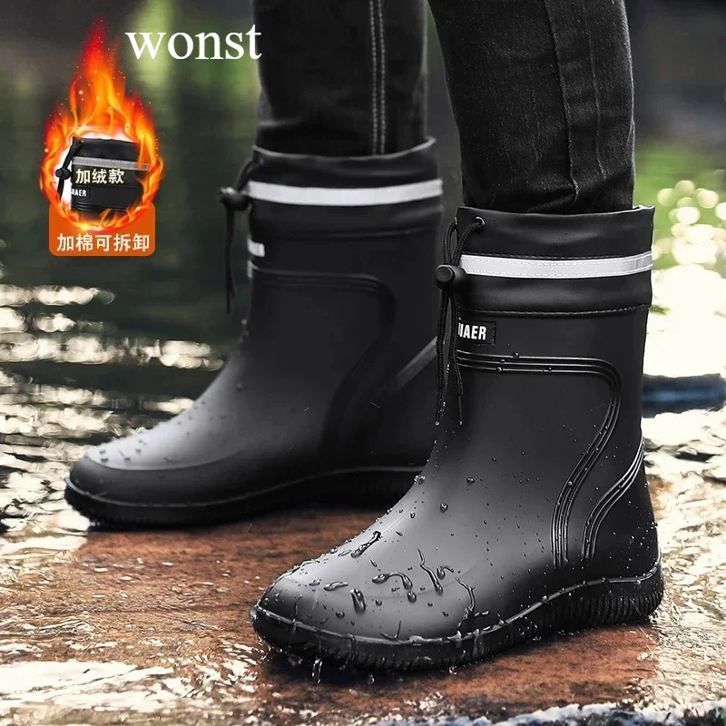 

Winter Thickened Anti-slip Men's Rain Boots High Waterproof Reflective Work Fishing Shoes Warm Water Shoes Rubber Shoes for Men