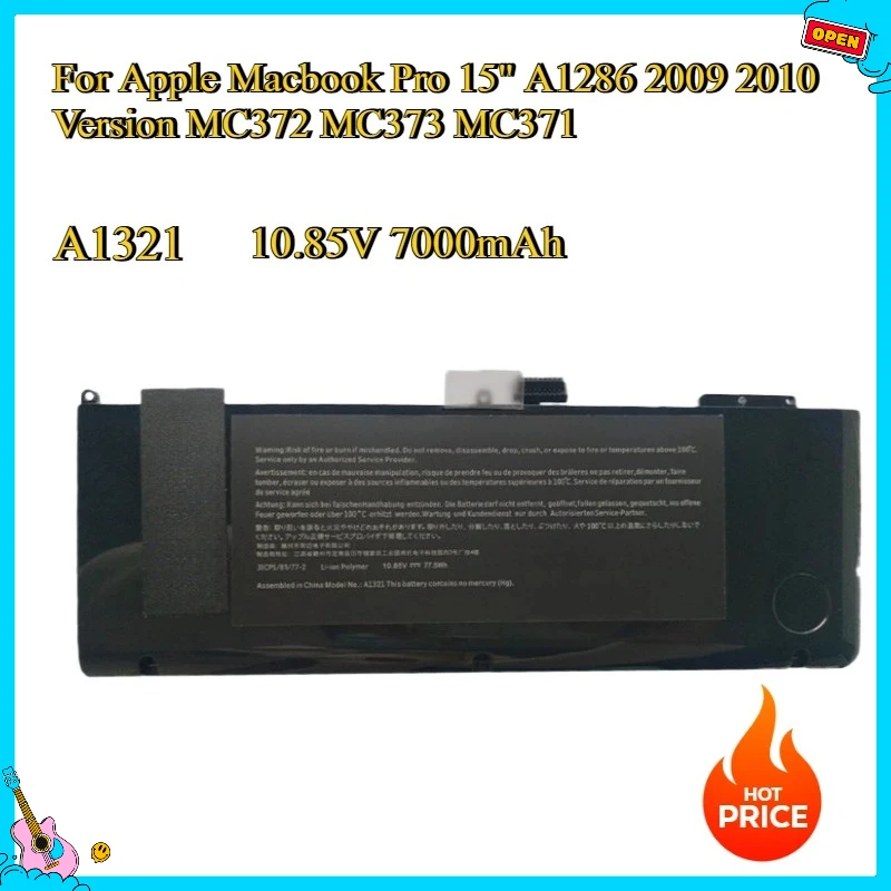 

Новый сменный аккумулятор A1321 для Apple Macbook Pro 15 дюймов A1286 2009 2010, версия MC372 MC373 MC371, 10,85 В, 7000 мАч, литий-полимерный