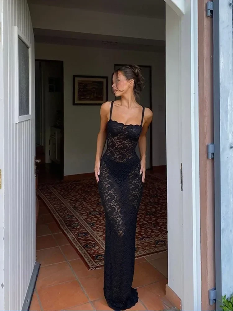 Vrouwen chique bordeaux kanten split aan de achterkant maxi-jurk sexy skinny vierkante hals backless sling gewaad 2024 nieuwe dame elegante cocktailjurken