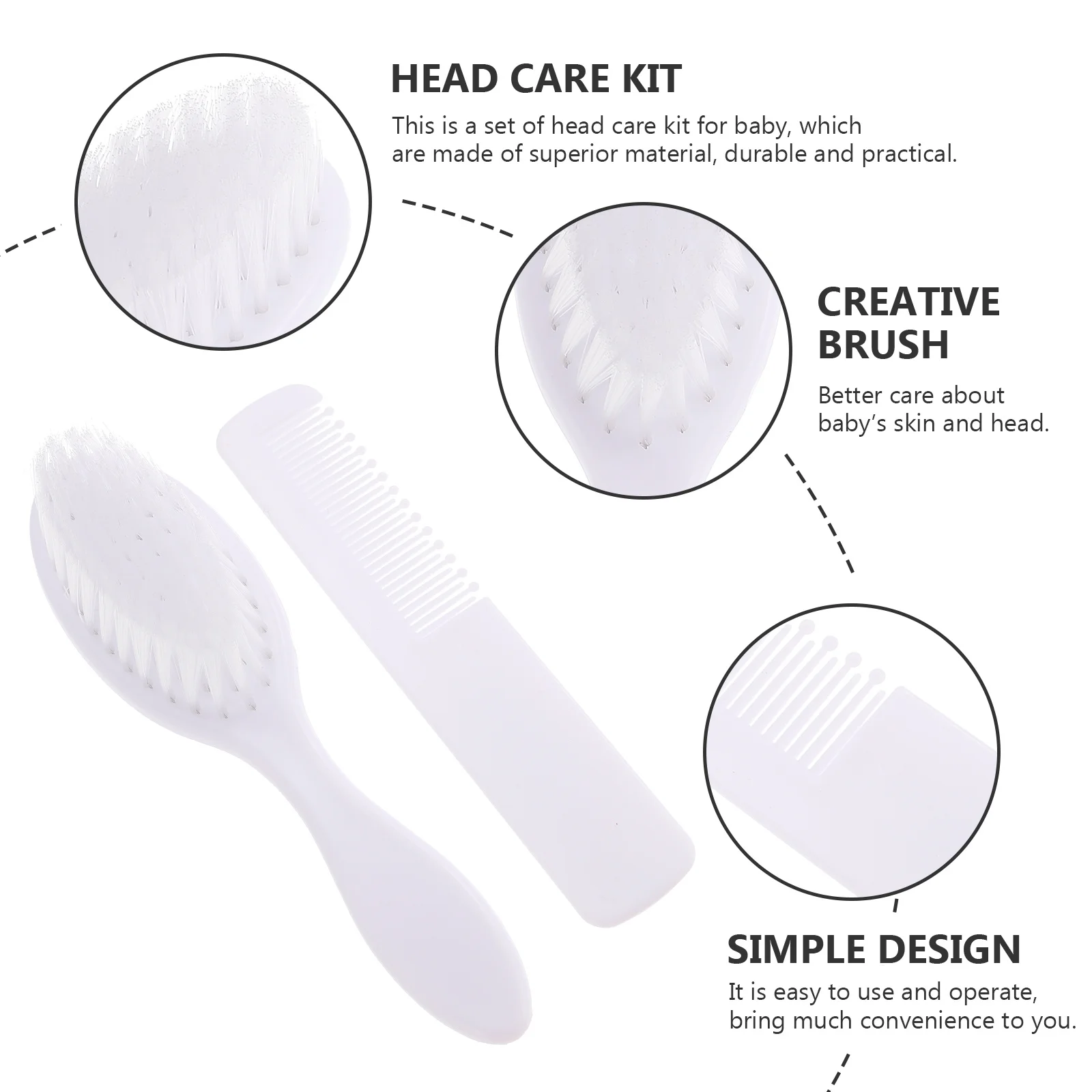 

1Set Toddler Hair Comb Baby Massage Brush Set Scalp Massage Knots Removal Easy to Operate Lightweight White Baby Hair Brush
