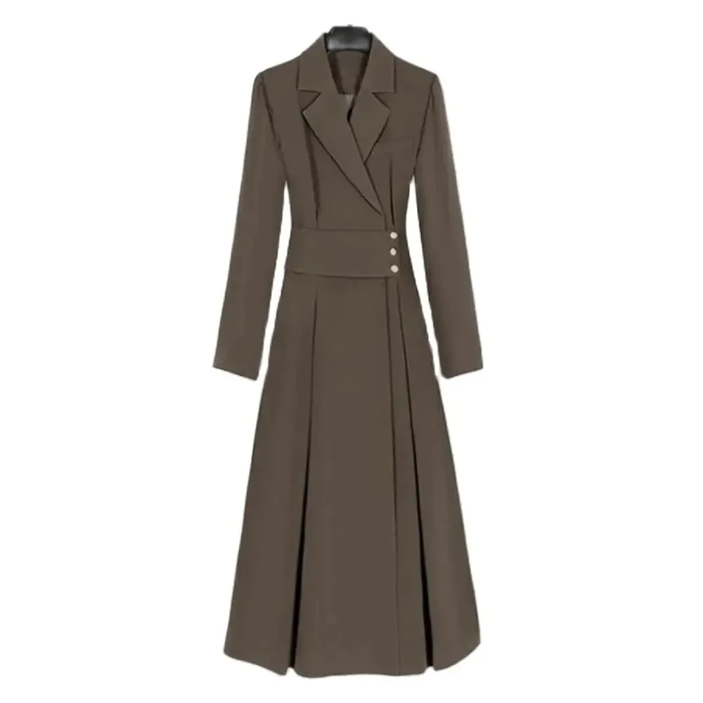 2024 Pleated Long Sleeve Midi Sundress Fashion Solid Suit Collar Office Vestidos Elegant Belted Ruffled Shirt Dress Women