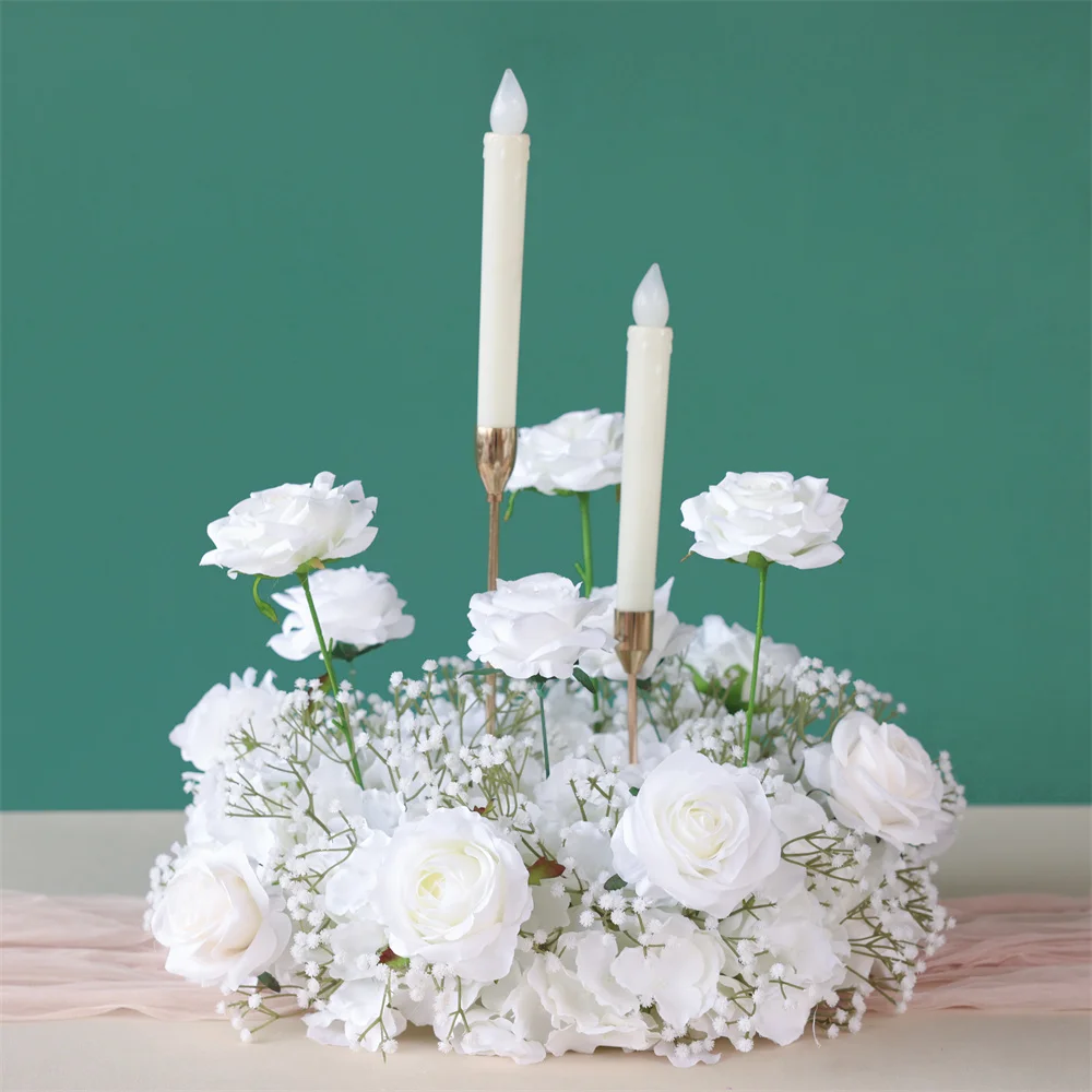 Customized White Rose Baby's Breath Flower Arrangement for Event Wdding Backdrop Decoration Table Centerpieces Candle Flowers