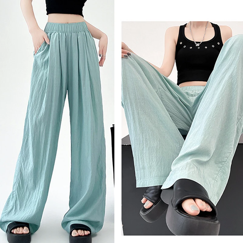 Women Wide Leg Pants Korean Style High Waist Trouser Lady Casual Loose Trousers Cotton Linen Summer Thin Drape Beach Pants