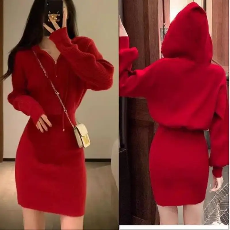 Robe courte rouge pour le nouvel an chinois, à capuche, slim, pour femmes