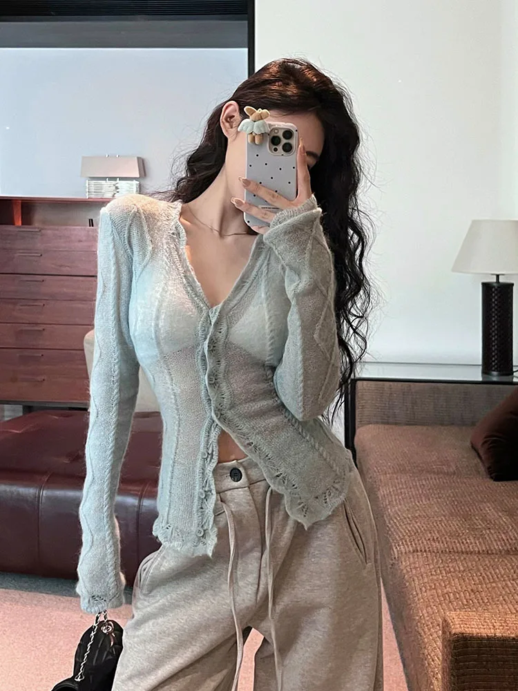 French Vintage Striped Knitted Cardigan Mori Girl Single Breasted Sweater V-Neck Long Sleeve Sheer Pullover Korean Streetwear