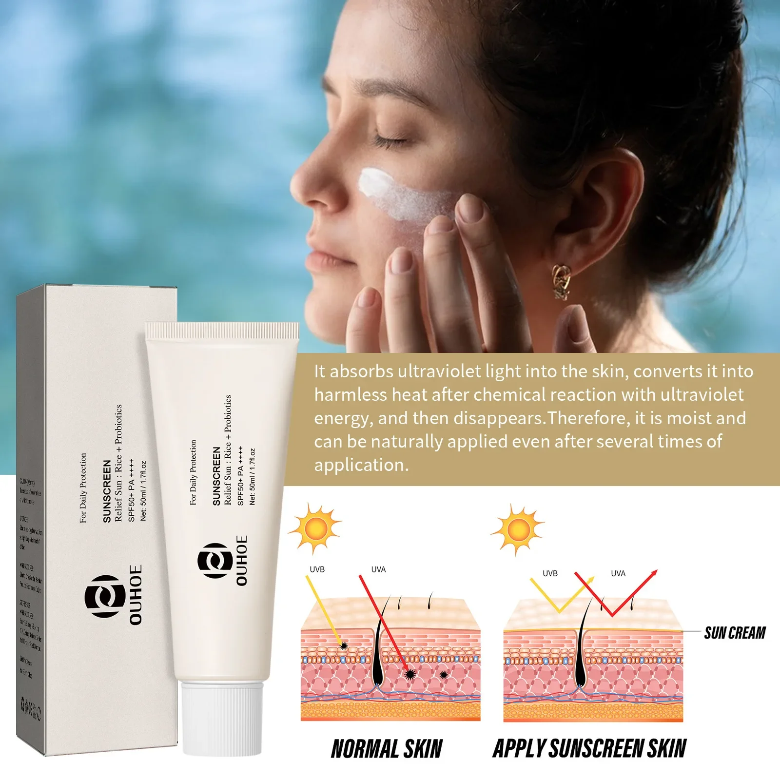 OUHOE Rice Probiotic Crema solare viso Rinfrescante Idratante Anti-UVA/UVB Protezione con SPF50+ e PA++++ - 50g