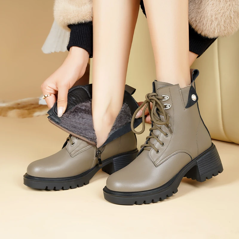 Aiyuqi botas de tornozelo feminino inverno 2024 novo couro genuíno lã natural quente mãe botas antiderrapantes tamanho grande botas de neve femininas