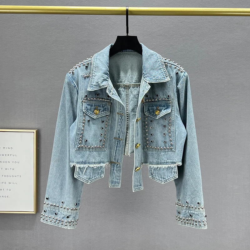 

Rivet Diamonds Big Pocket Denim Jacket Women Cowboy Outerwear Korean Vintage Blue Loose Short Hem Frayed Jeans Jackets Female