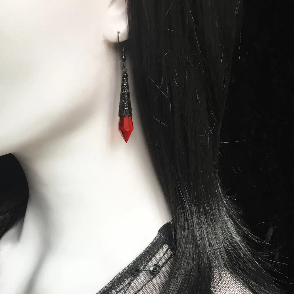 Victoria Gothic Long Conical Shape Red Teardrop Glass Crystal Pendant Dangle Earrings for Women Halloween Party Jewelry Gifts