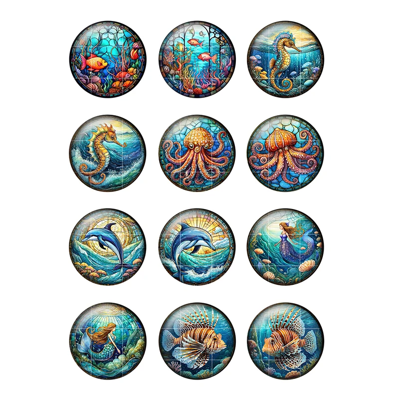 24pcs/lot Sea Animals Fish Seahorse Tortoise Dolphin 8mm/25mm Round Photo Glass Cabochon Demo Flat Back Making Findings H146