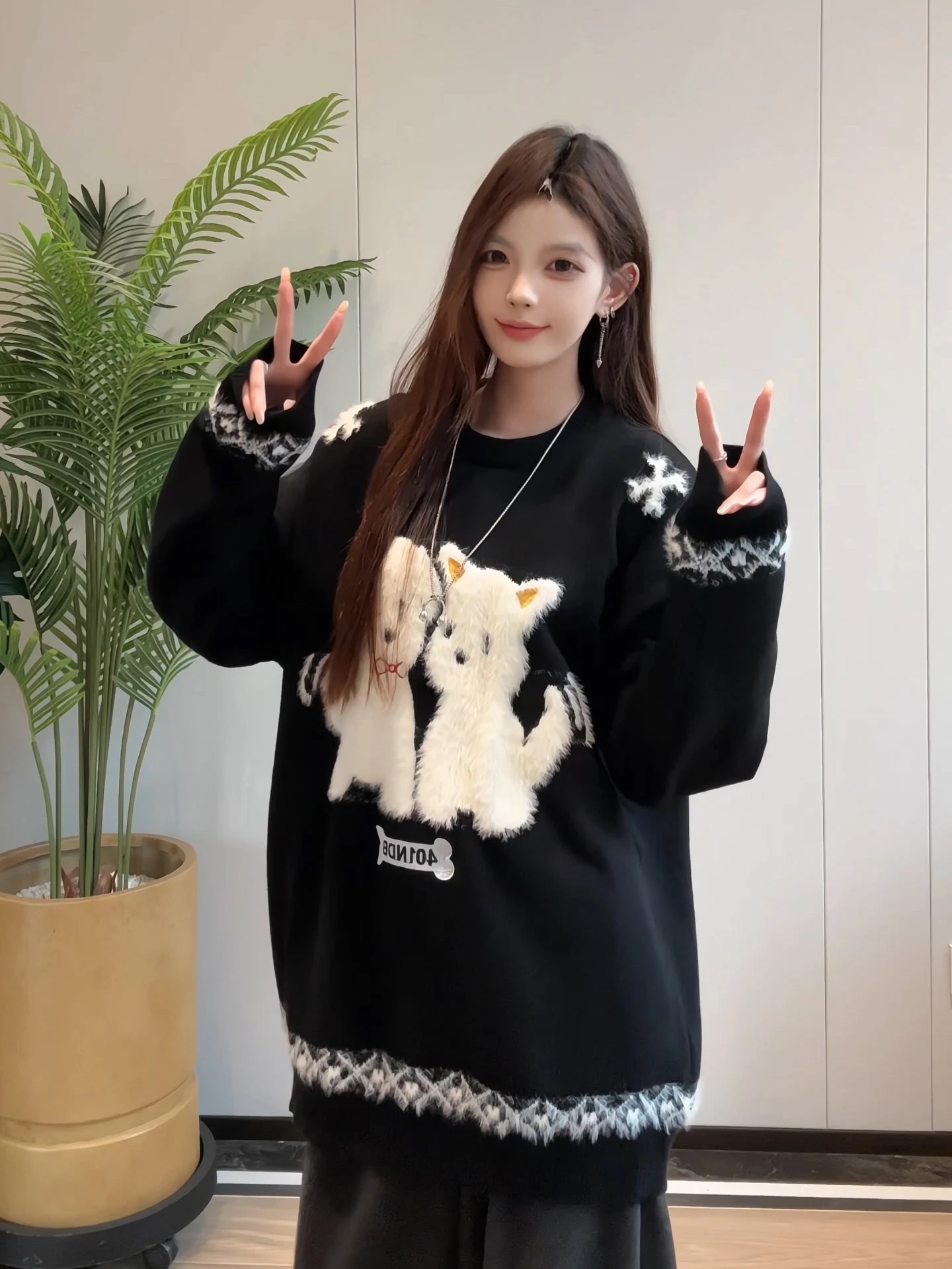 

Свободный крой круглый вязаный свитер для мужчин и женщин в мультяшном дизайне собаки Bla, идеально подходит для осени и зимы, базовый слой верха