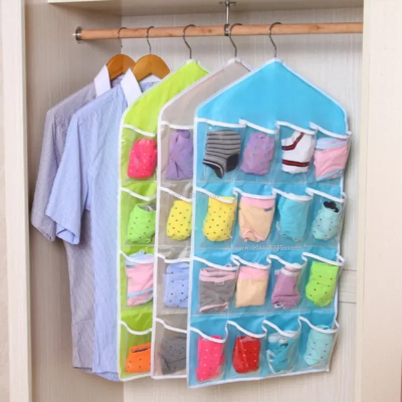 New 16 Grid Wall-mounted Clothes Organizer Fabric Closet Bag Storage Rack Mesh Pocket Clear Hanging Over The Wardrobe Bags