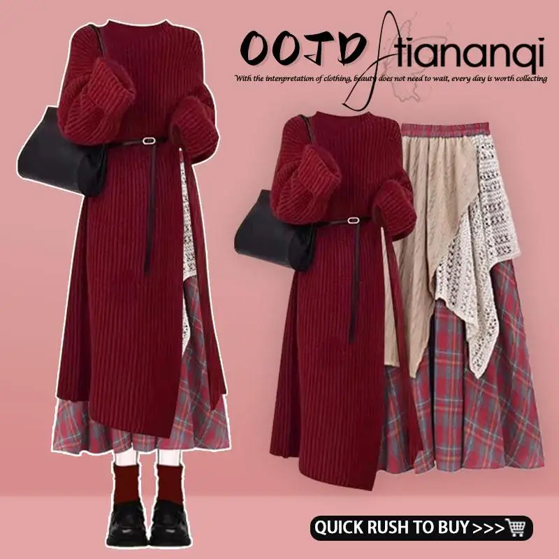 

Red Cisas Knitted Sweater And Skirt Set Winter Faion High-End Feel Patchwork Ensemble Long Sve Tee Piece Set