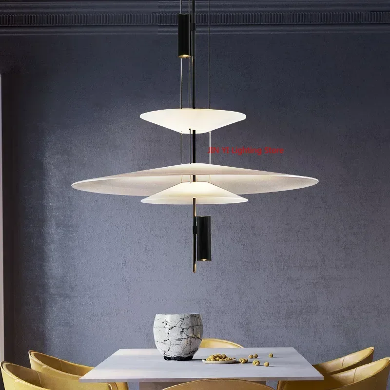 

Italian Gold Pole Acrylic Lampshade Villa LED Chandelier Restaurant Bar Exhibition Hall Lighting Simple Layered Pendant Light