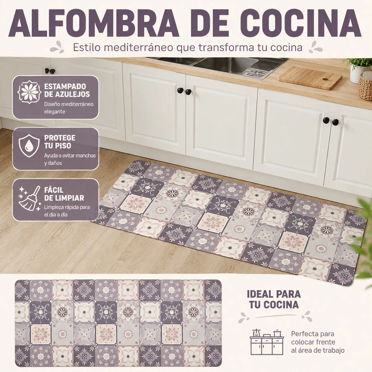 Tappeto da Cucina in Stile Mediterraneo con Stampa di Piastrelle Vintage, Tappetino Lungo 120x50 cm in Fibra di Poliestere, Protezione Lavabile per Pavimento, Lavello e Piano di Lavoro