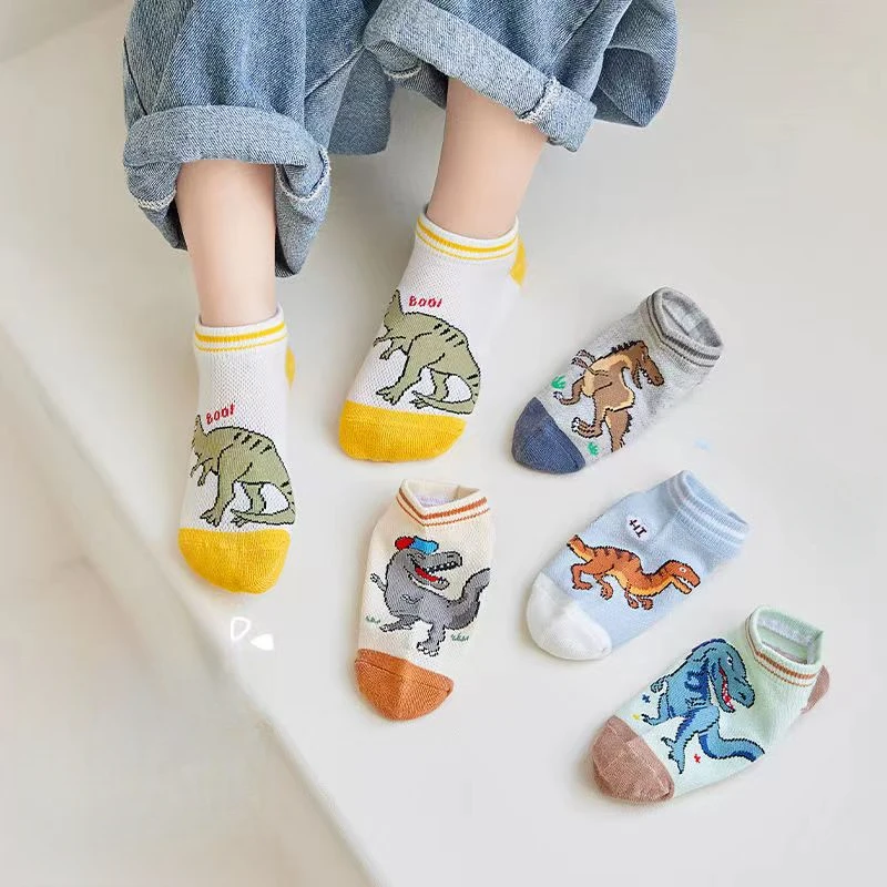 5 Pairs of Children\'s Socks Spring and Summer Mesh Thin Style Cartoon Dinosaur Boat Socks Breathable Boy Students Fashionable