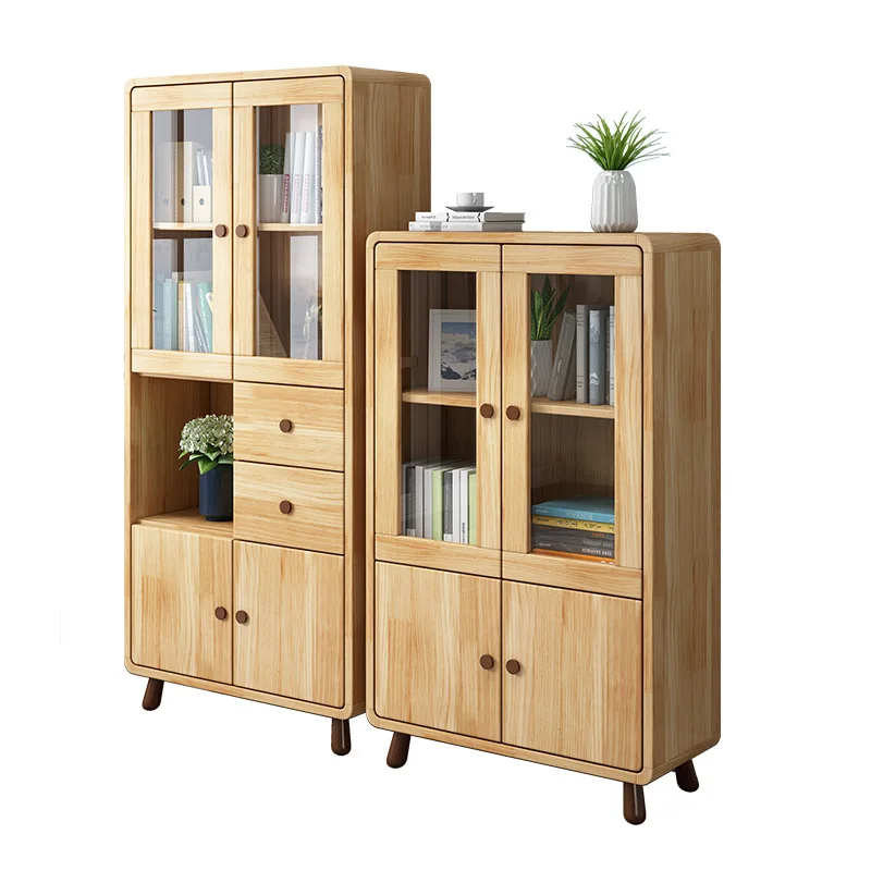

Детская книжная полка из цельного дерева в скандинавском стиле с дверцей, стеклянный шкаф, простой книжный шкаф