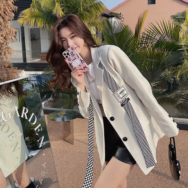 

Повседневное женское модное трендовое осеннее пальто в корейском стиле в полоску, женские блейзеры 2025 года, лоскутные винтажные топы Mujer