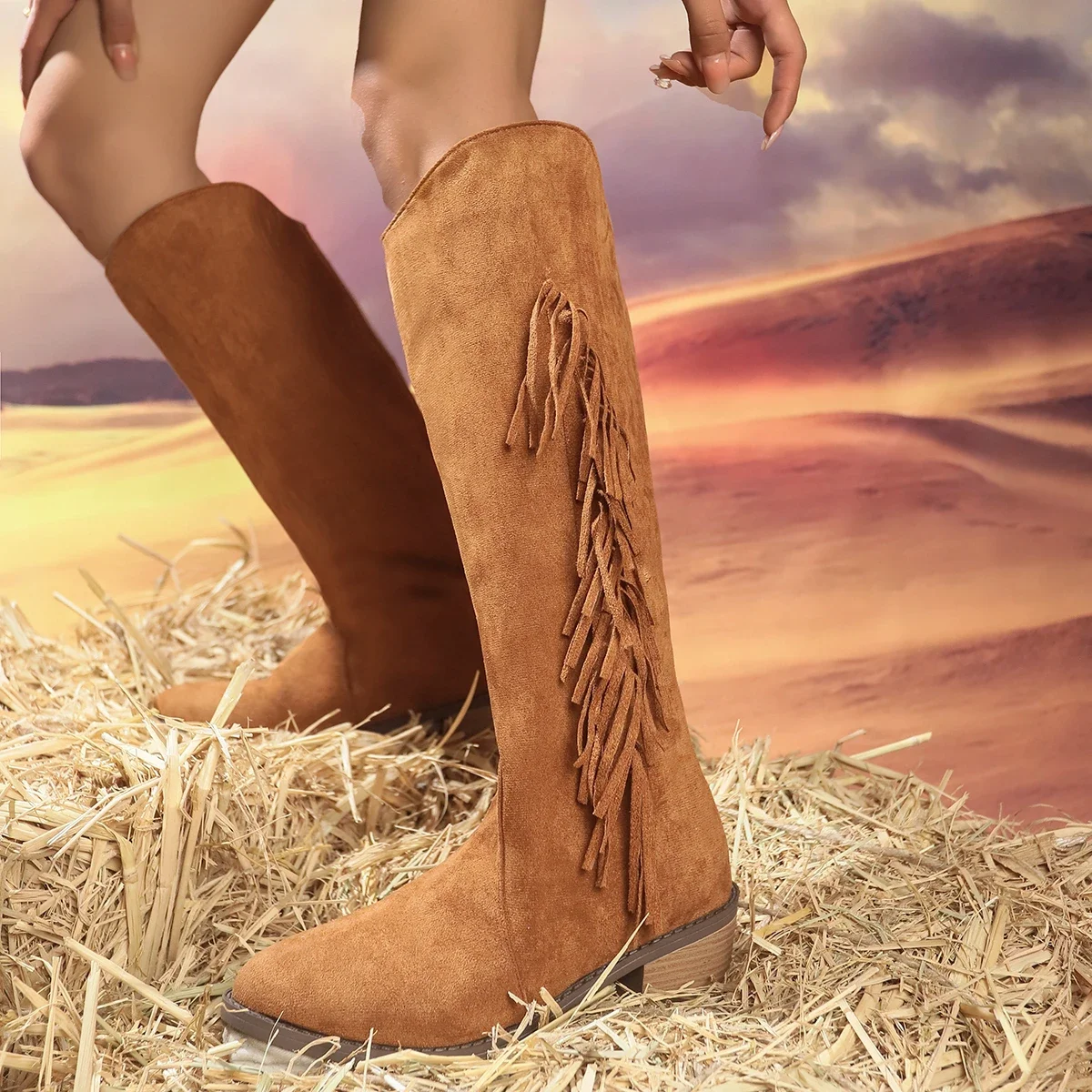 New Retro Brown Knee Length Cowboy Boots Women Tassel Design V-neck Knight Long Tube Boots Women's Chunky Heels Western Boots