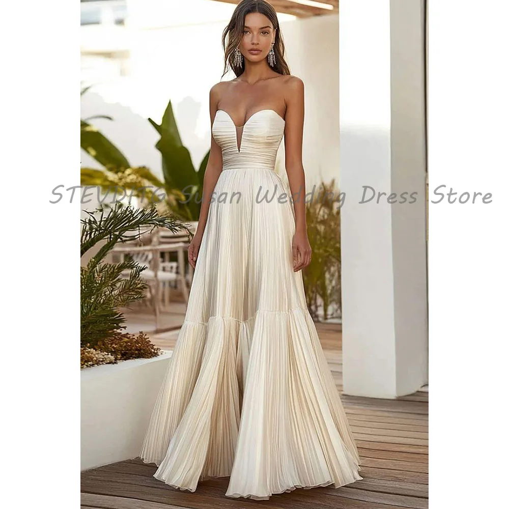

White Evening Dresses Women Strapless Sleeveless High Quality A Line Wrinkle Banquet Celebrity Prom Party Female Gowns Simple