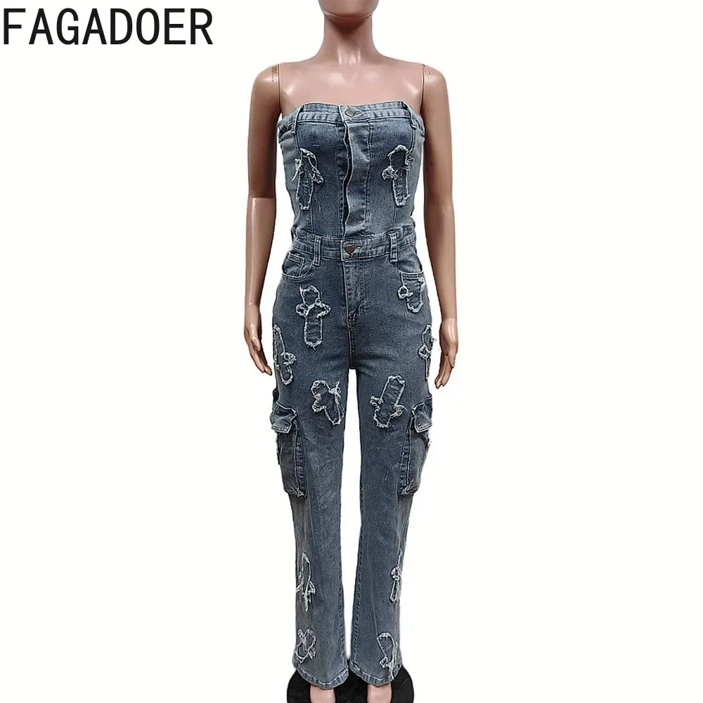 FAGADOER-Combinaison une pièce brodée pour femme, poches cargo, mode denim, sans bretelles, fibrins, nouvelle batterie con Jean