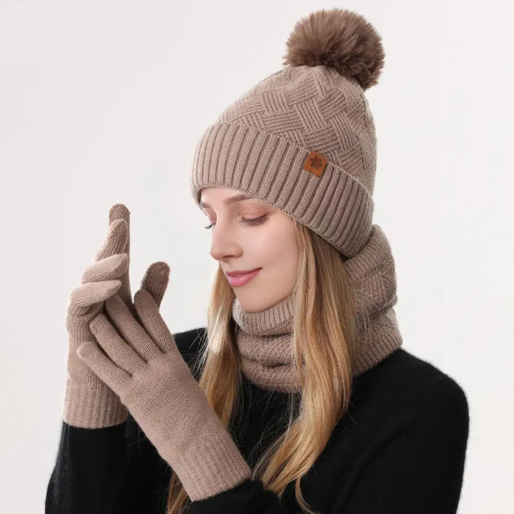 Cozy Winter Accessory Set 3pcs Women Winter Hat Scarf Gloves Set with Plush Ball Double-layer Protection Scarf Touchscreen Ski