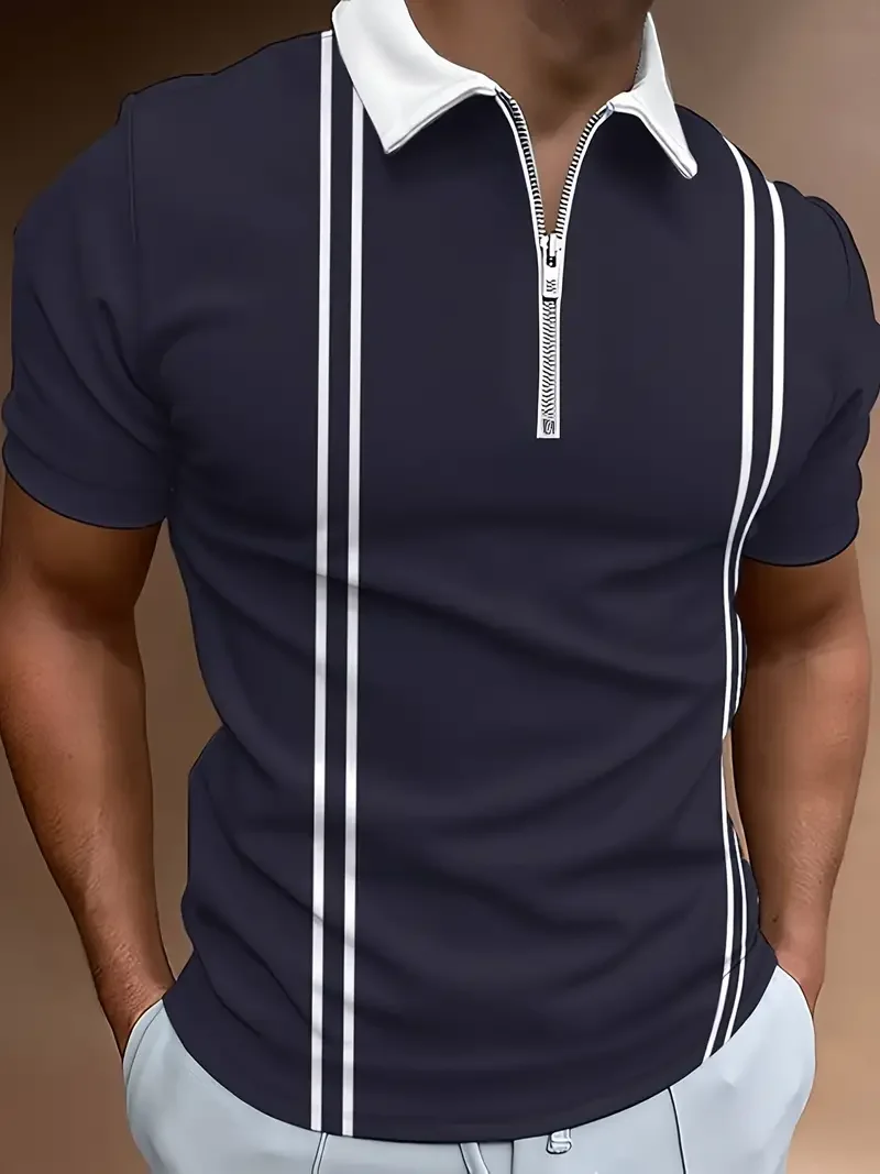 Men's Fashion Short Sleeve Colour Block Zip Polo Shirt Lapel Stereo Printed Short Sleeve Tops Golf Sports Men's Shirt