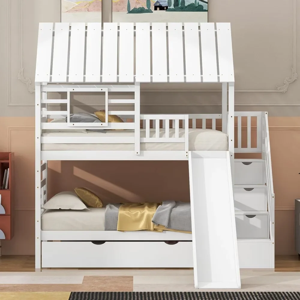 

Bunk Beds, with Slide, Twin Bunks Beds with Storage Stairs and Trundle, with Roof and Window Design ,Wood Kids Bunk Bed