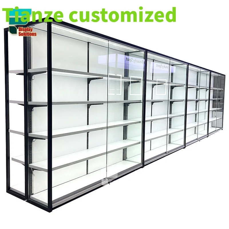 Customized-High End Showcase Wooden Cabinet Wall Display Cosmetic Shelves Perfume Oil Display Pink Store Beauty