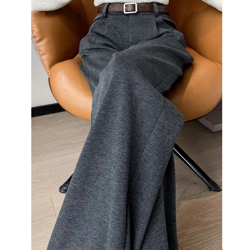 الكورية الإناث مستقيم الساق Pantalons 2025 المرأة موضة عالية الخصر بنطلون الخريف الشتاء السيدات الراقية الصوفية دعوى بانت