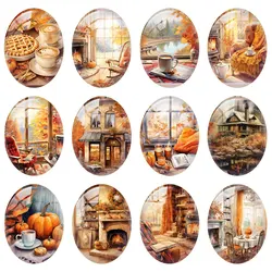 10pcs/lot Autumn Warm Fall Thanksgiving Oval Photo Glass Cabochon Flatback Charms Demo Cameo For Diy Jewelry Making Findings