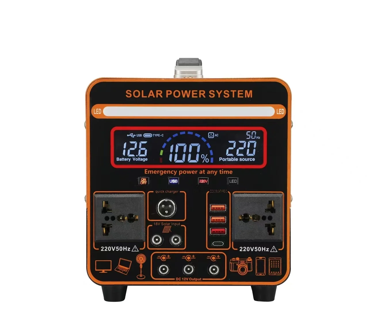 Portable Solar Power Station 1200W 1500W 2000W 1000W 600W 110V 120V 220V AC Output Home Generator with  Lithium Battery