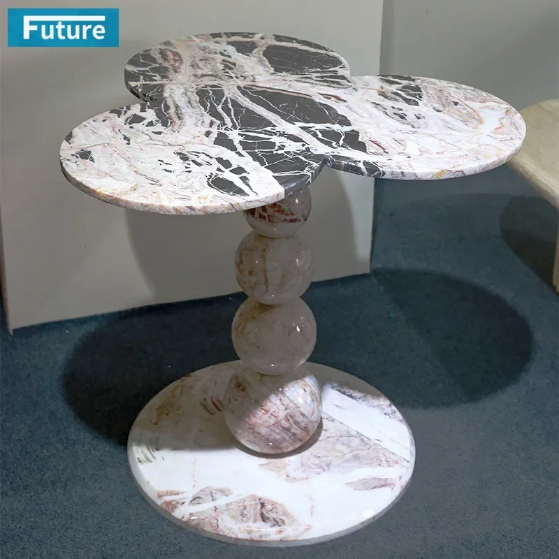 Picasso Pink Three Petal High Side Table with Natural Marble Ball Legs Modern Niche Coffee Table for Living Room Bedroom