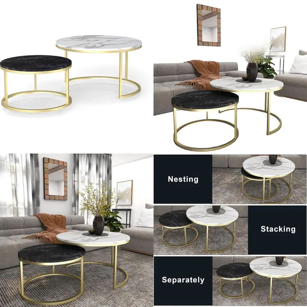 

Round Wooden Coffee Table Set with Marble Accent, 2-Piece, 31.5 Diameter, Suitable for Industrial Style, Living Room, Bedroom, o