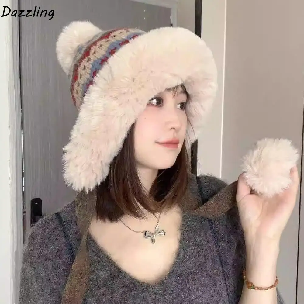 

Casual Thick Knitted Plush Hat Windproof Ball Ear Protection Hat Ethnic Style Warm Pullover Beanie Hat Outdoor